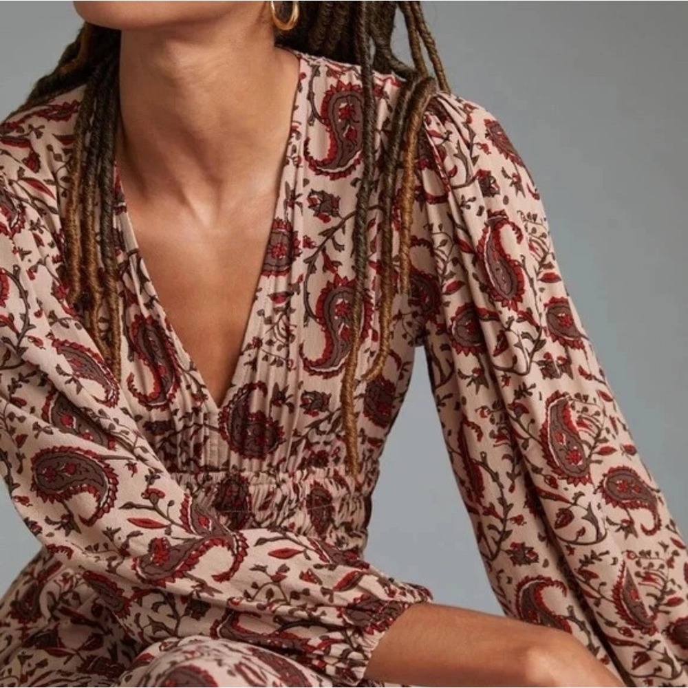 Lusana Anthropologie Smocked Prairie Paisley Boho Midi Dress XS NWT Cottagecore - Picture 2 of 14